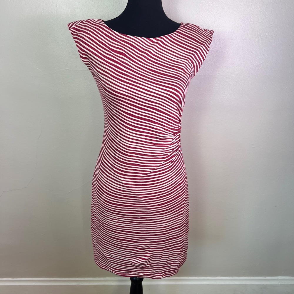 Ann Taylor LOFT Striped Sheath Dress S Pink White Ruched Nautical Boat Neck